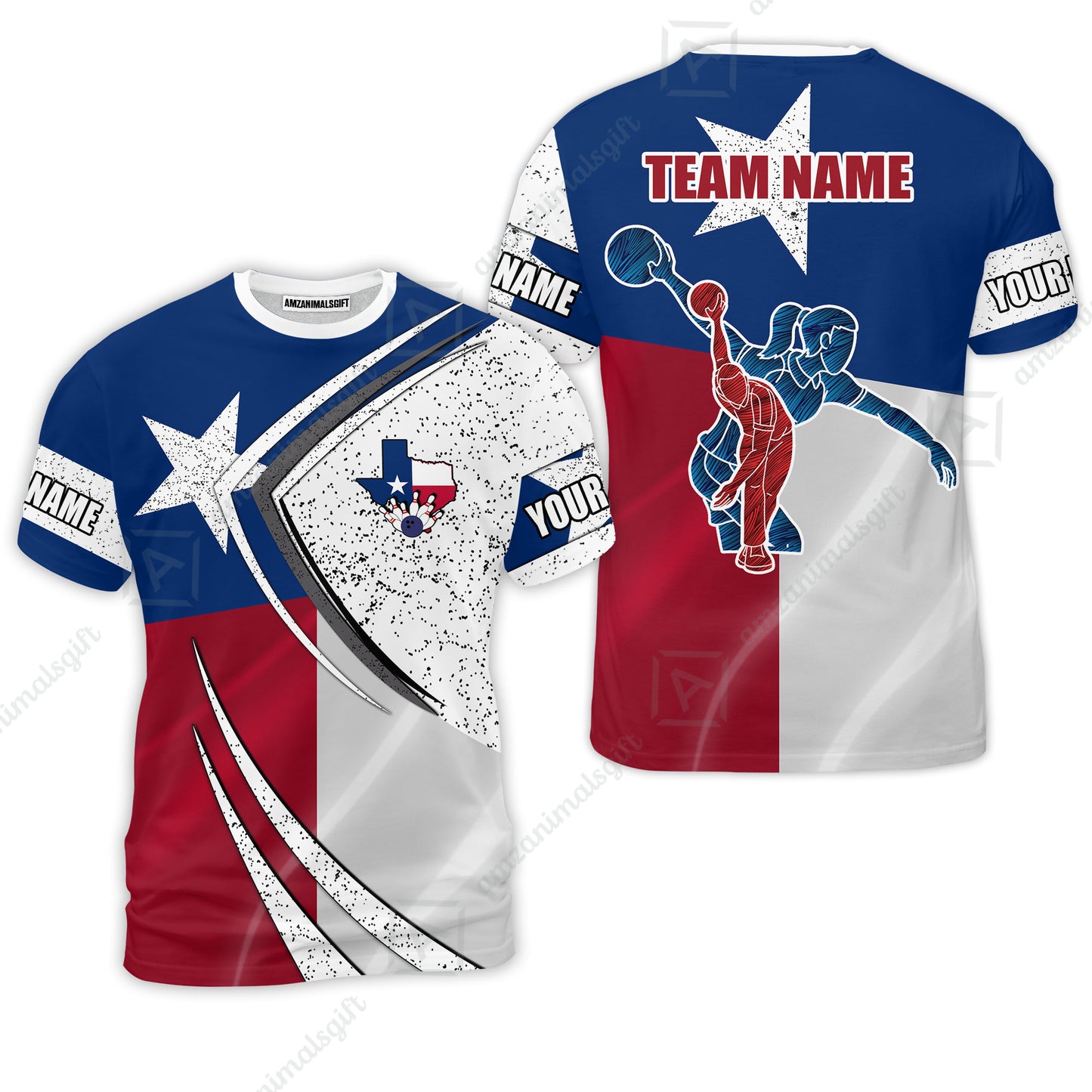 Customized Bowling Team T-Shirts, Bowling And Pins Texas Style Customized Name And Team Name Uniform Shirts For Bowlers