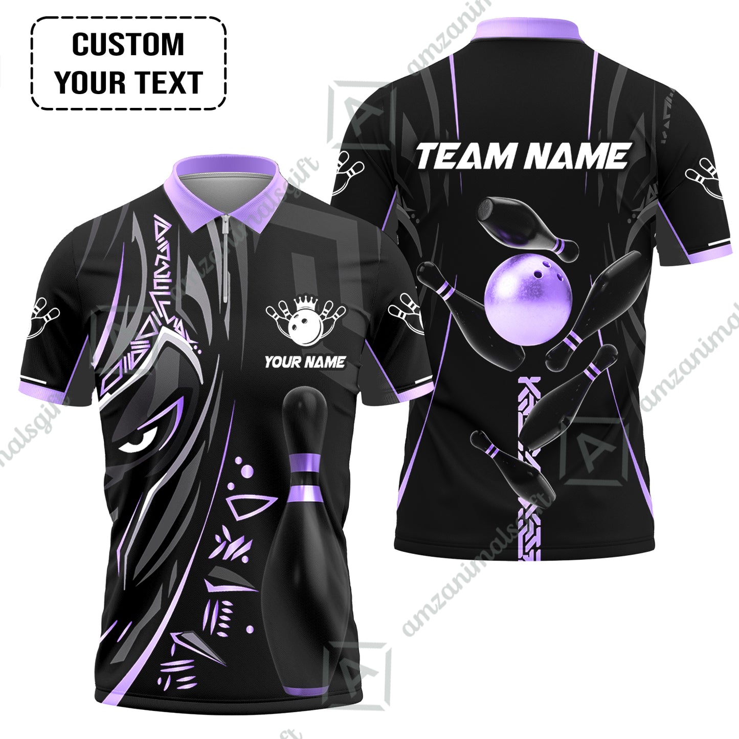 Customized Bowling Team Quarter-Zip Polo Shirts Bowling Ball & Pins Black Panther, Personalized Name Multicolor Shirt For Bowlers