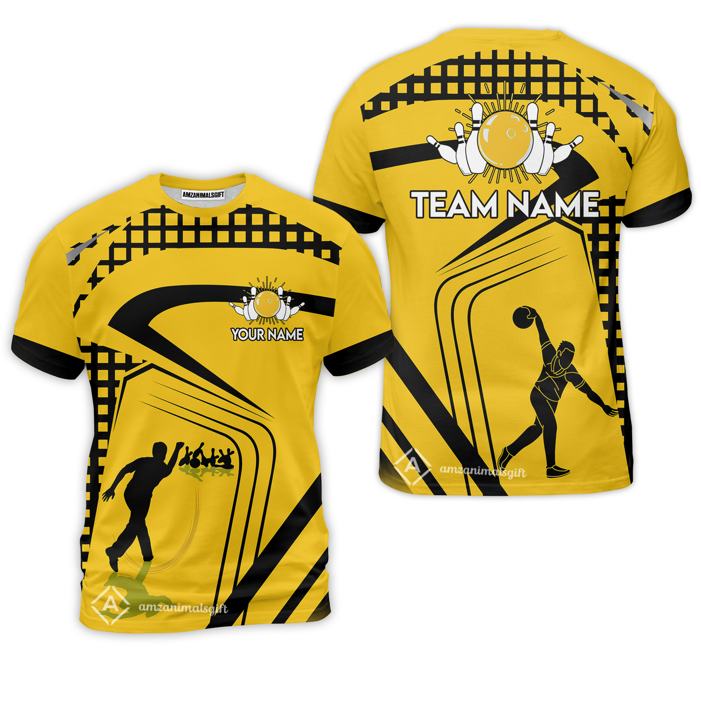 Customized Bowling Team T-Shirts, Yellow Slash Bowling Uniform Shirt Personalized Name And Team Name For Bowlers, Team League
