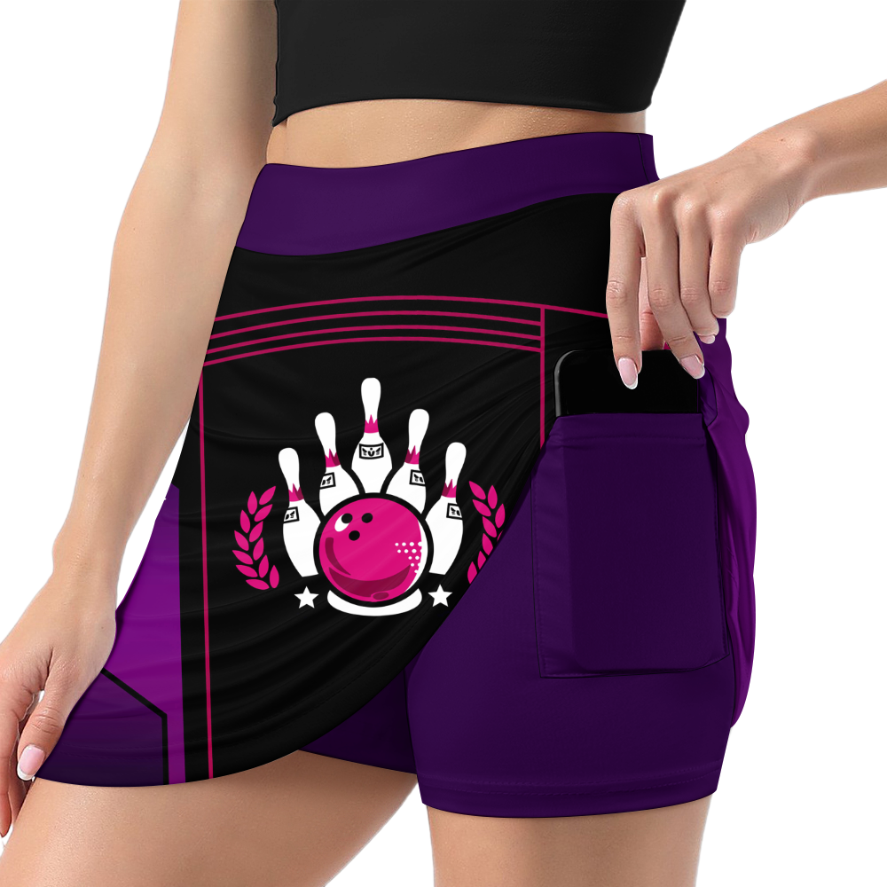 Customized Bowling Trouser Skirts With Shorts Underneath, Bowling Esports Purple Pattern Skorts With Pockets For Bowler