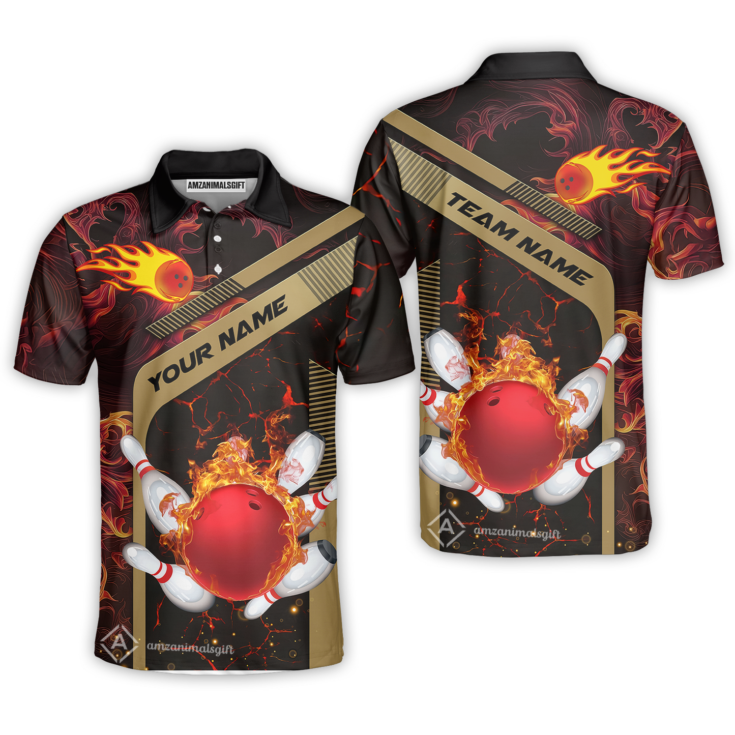 Customized Bowling Unisex Polo Shirt, Bowling In Flaming With Magna Pattern Polo Shirt Uniform For Bowlers