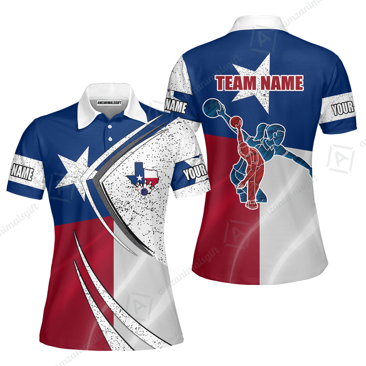 Customized Bowling Team Women Polo Shirt, Bowling And Pins Texas Style Customized Name And Team Name Uniform Polo Shirts