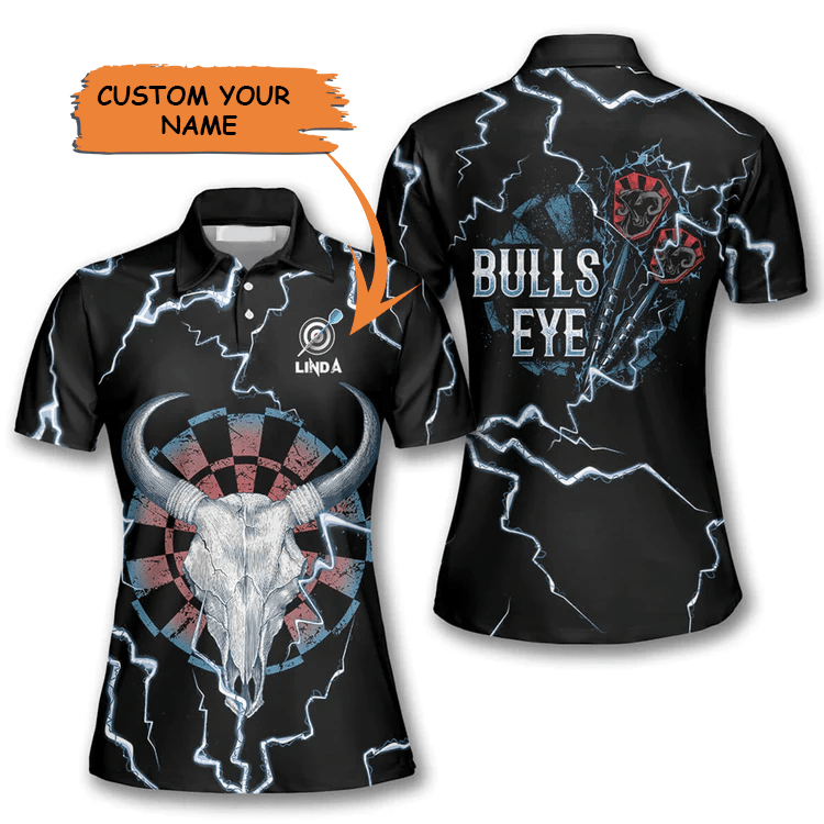 Customized Darts Polo Shirt, Darts Bullseye Thunder Skull, Personalized Name Polo Shirt For Women - Perfect Gift For Darts Lovers, Darts Players - Amzanimalsgift
