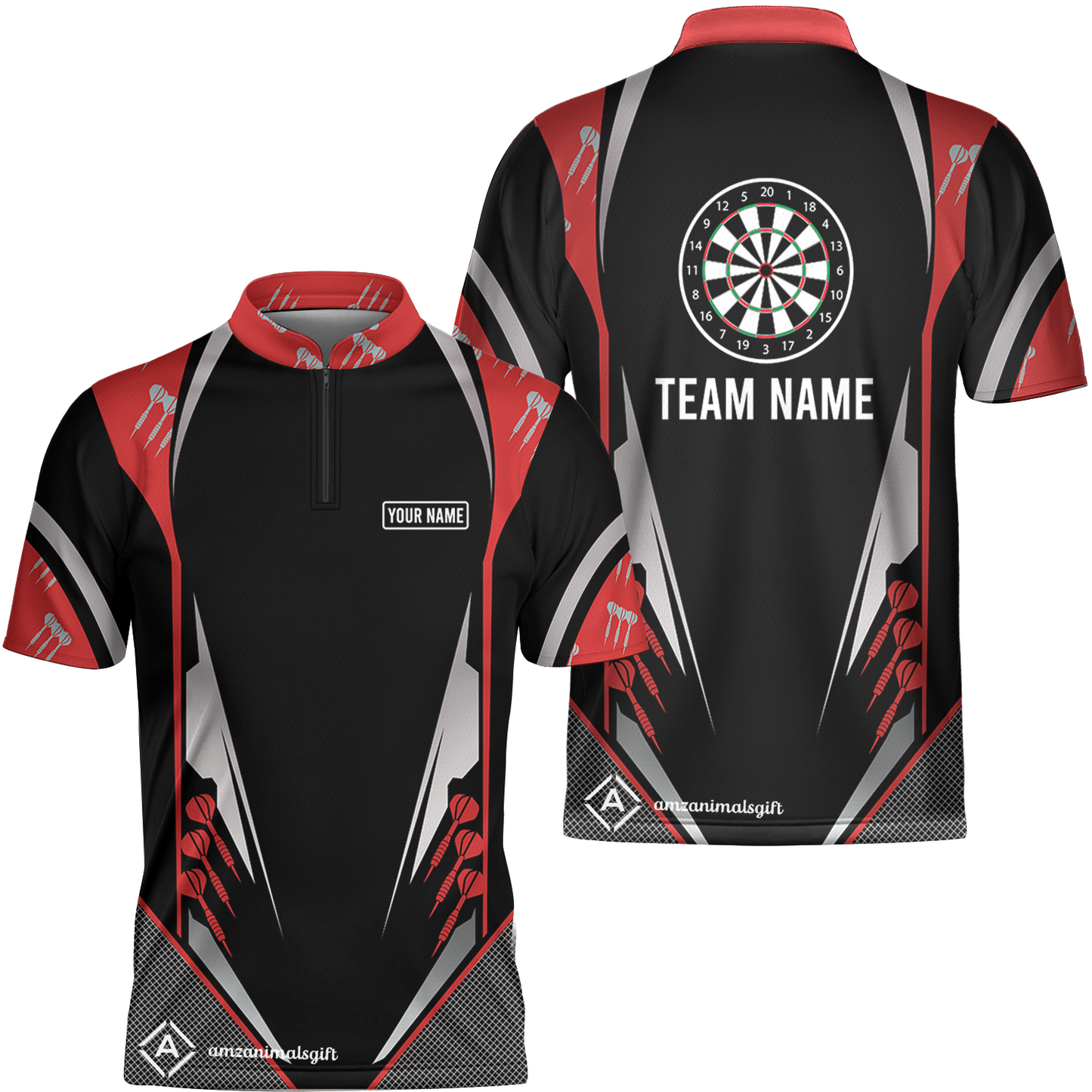 Customized Darts Team Flat Neck Zipper Jersey, Dartboard Center Multicolor Option With Personalized Name And Team Name