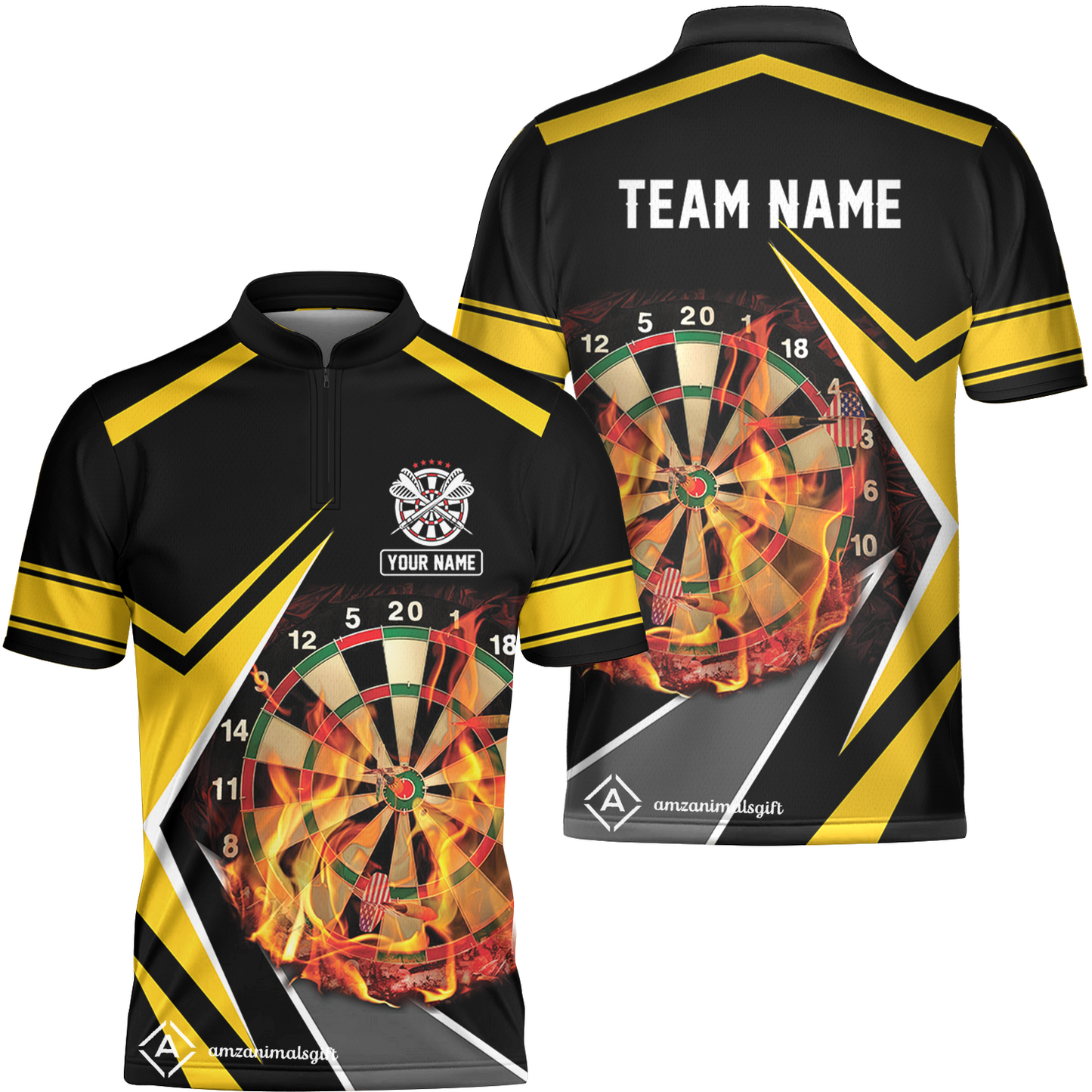 Customized Darts Team Flat Neck Zipper Jersey, Dartboard In Flame Jersey Personalized Name And Team Name For Darts League