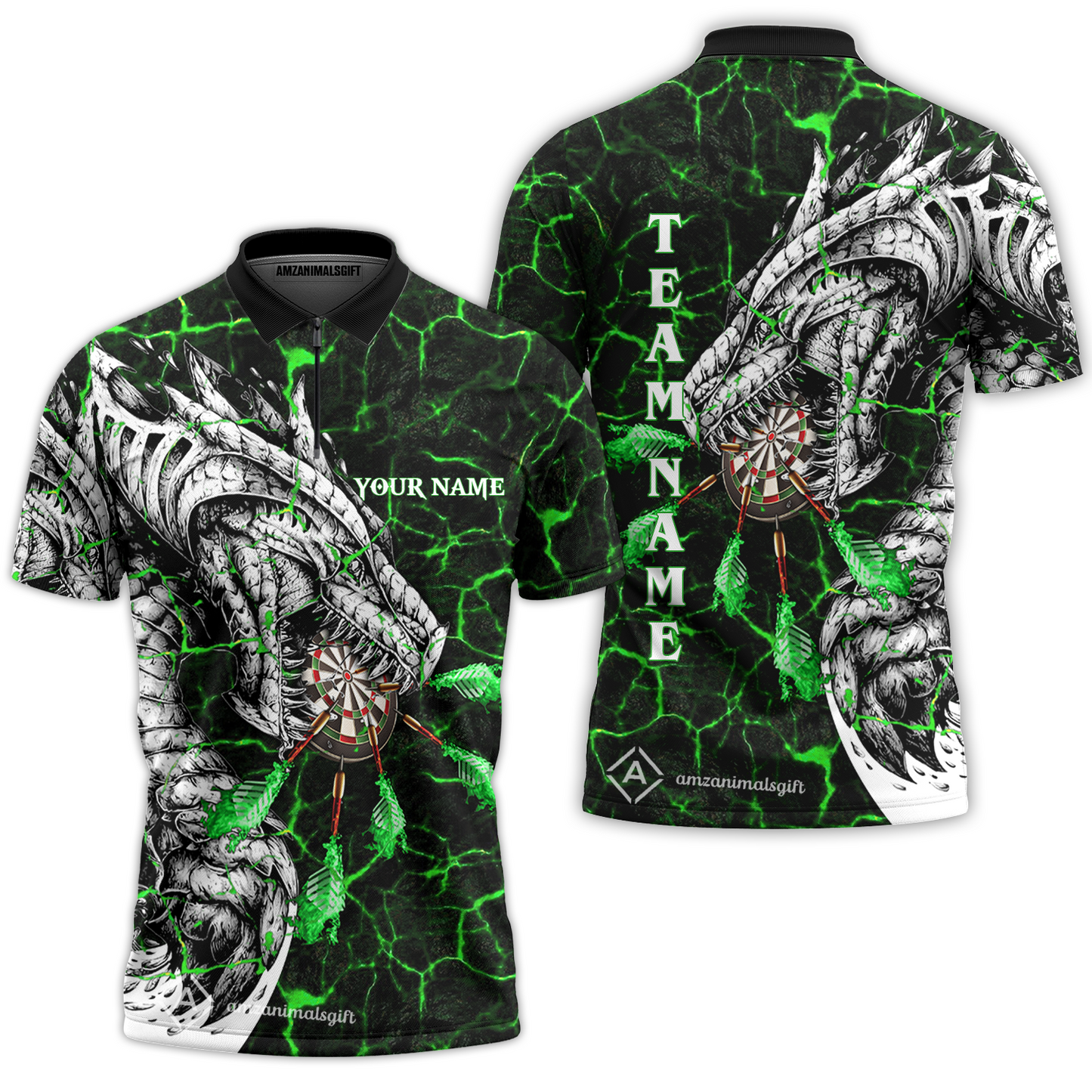 Customized Darts Team Quarter-Zip Polo Shirt, Darts And Dragon With Magma Personalized Zipper Polo Shirt For Darts Players