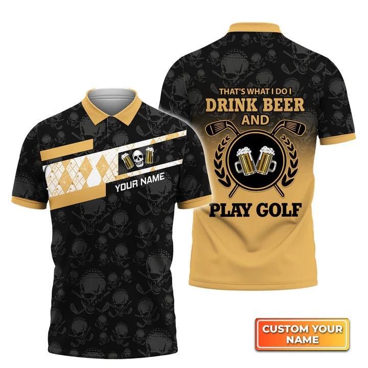 Customized Golf Men Polo Shirt, Skull I Drink Beer And Play Golf, Personalized Name Polo Shirt For Men - Perfect Gift For Golf Lovers, Golfers - Amzanimalsgift