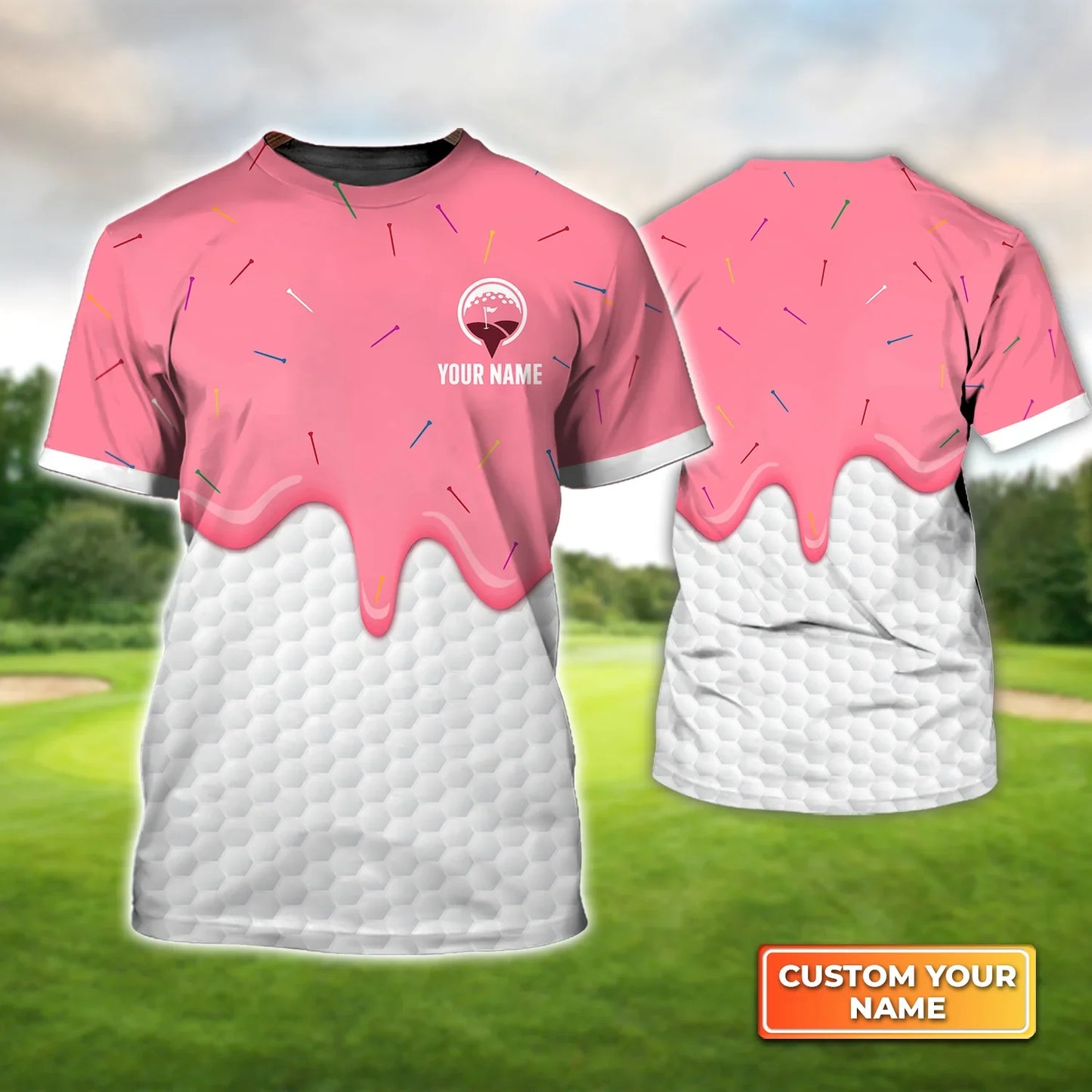 Customized Golf T Shirt, Personalized Name Pink Ice Cream Melting On Golf Ball Cone T Shirt For Golf Lovers - Perfect Gift For Golfer, Friend, Family - Amzanimalsgift