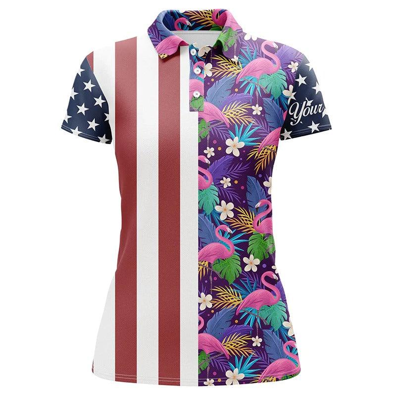 Customized Golf Women Polo Shirts, American Flag Patriot Personalized Floral Flamingo Pattern - Perfect Gift For Ladies, Golf Lovers, Golfers - Amzanimalsgift