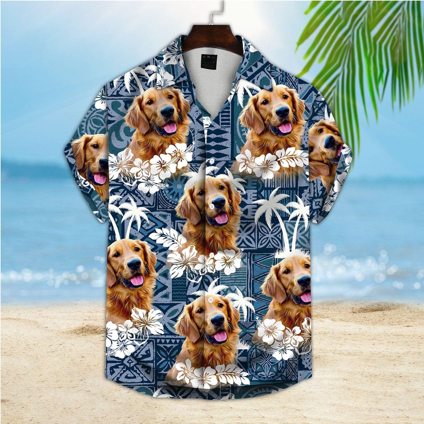 Customized Hawaiian Shirt With Pet Face, Tapa Tribal, Vintage Flower And Leaves Dark Blue Color Aloha Shirt, Personalized Gift For Pet Lovers - Amzanimalsgift