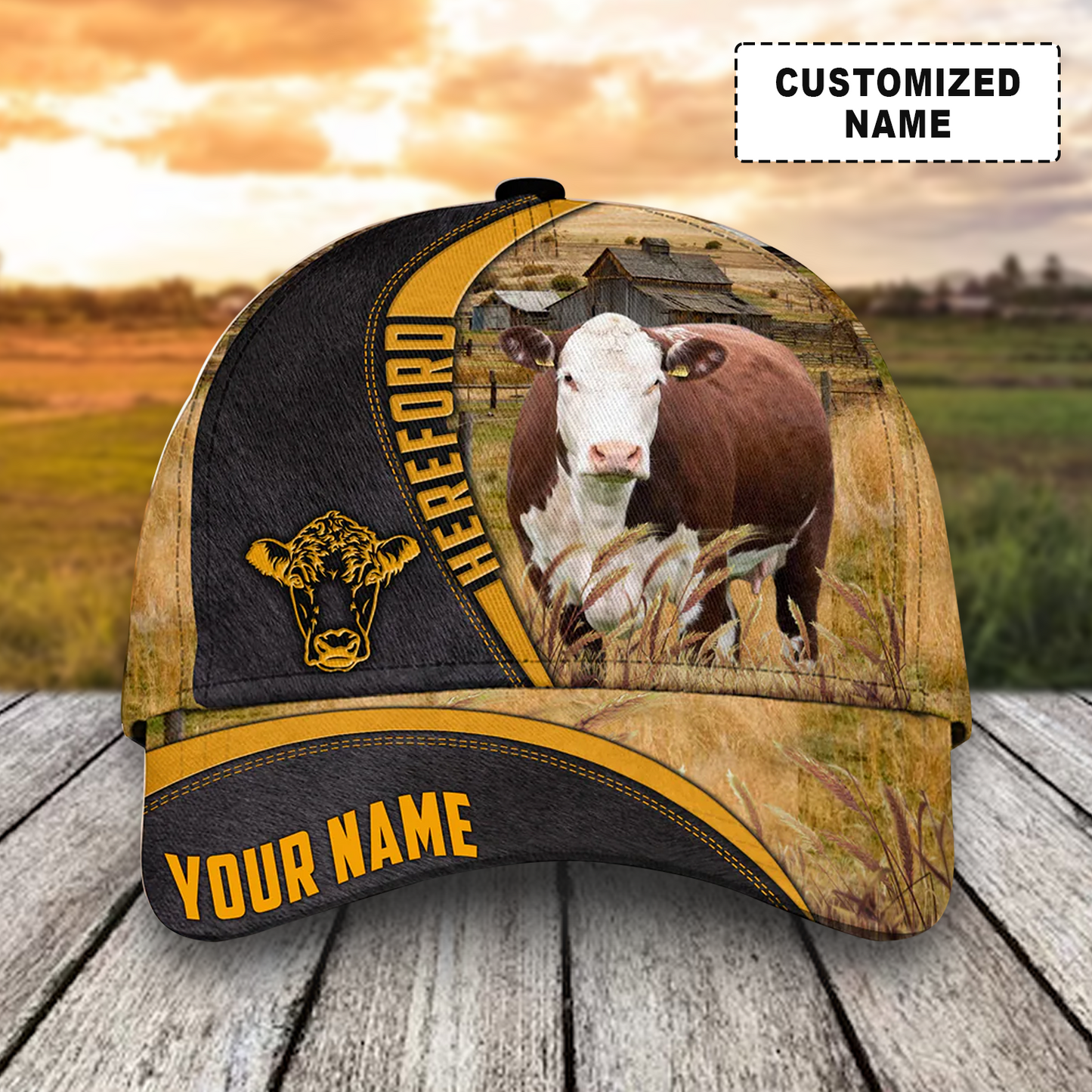 Customized Hereford Cattle Cow Caps, Hereford On Farm Black Yellow Hats, Best Dairy Farm Hat For Men Women Farmer