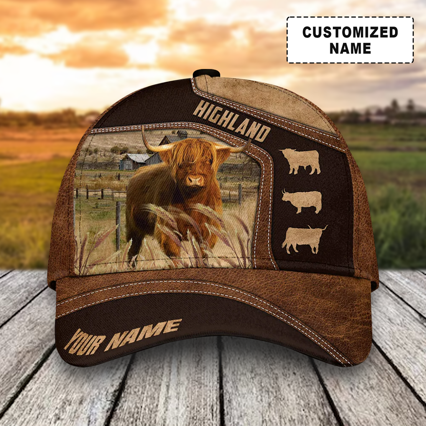 Customized Highland Cattle Caps, Highland On Farm Cow Pattern Dark Brown Hats, Best Farm Hat For Men Women Farmer