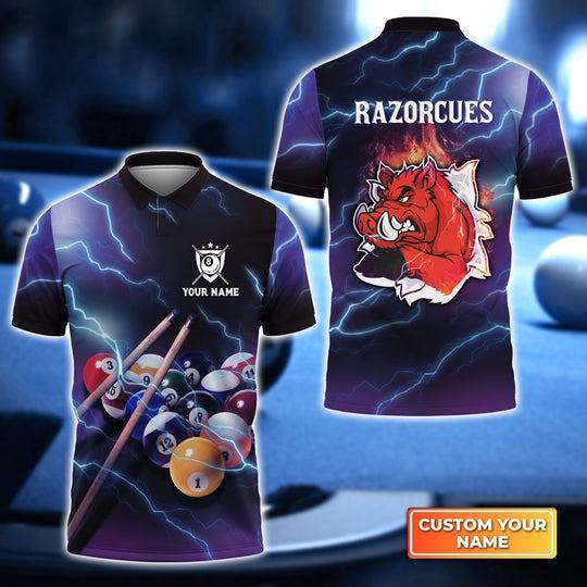 Customized Name Billiard Men Polo Shirt, Razorcues Billiard Pool 8 Ball Personalized Polo Shirt - Gift For Billiard Players, Billiard Lovers - Amzanimalsgift