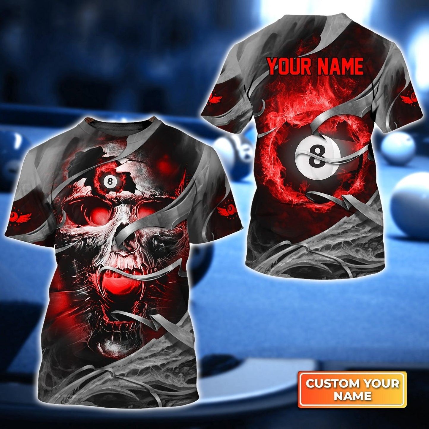 Customized Name Billiard T Shirt, Black And Red Skull With 8-Ball Billiards Game T Shirt For Men - Gift For Billiard Lovers, Billiard Players - Amzanimalsgift