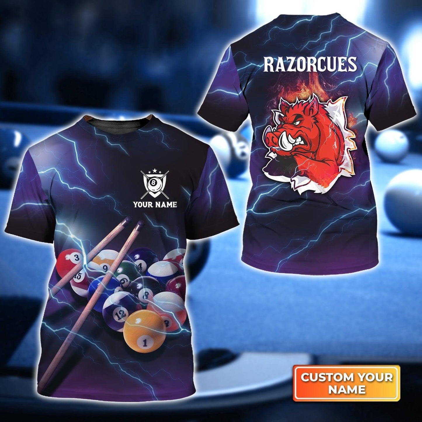 Customized Name Billiard T Shirt, Razorback Pig Lightning Billiard Pool 8 Ball T Shirt For Men - Gift For Billiard Lovers, Billiard Players - Amzanimalsgift