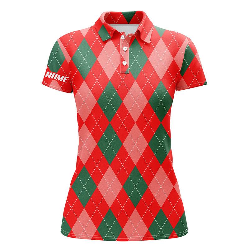 Customized Name Christmas Women Polo Shirts, Personalized Christmas Plaid Argyle Red Pattern Polo Shirts - Perfect Gift For Ladies, Christmas Day - Amzanimalsgift
