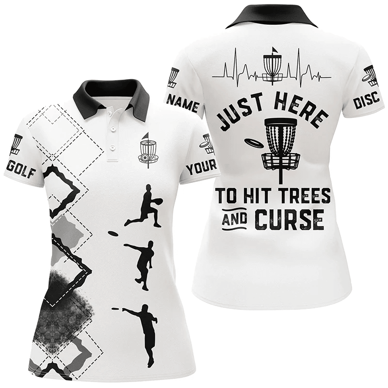 Customized Name Disc Golf Women Polo Shirts, Black White Disc Golf Shirts, Personalized Trees And Curse - Perfect Gift For Ladies, Disc Golf Lovers - Amzanimalsgift