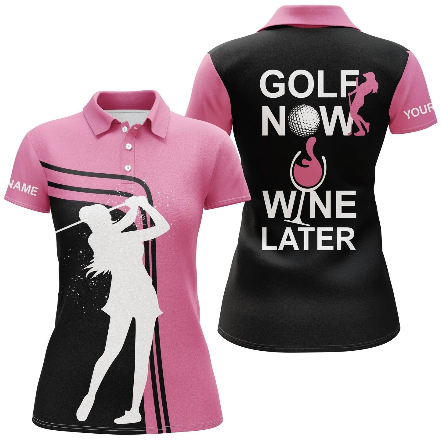 Customized Name Golf Women Polo Shirts, Black Pink Personalized Golf Now Wine Later Women Polo Shirts - Perfect Gift For Ladies, Golfers, Golf Lovers - Amzanimalsgift