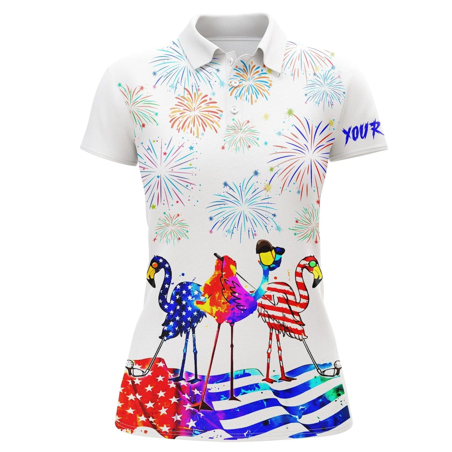 Customized Name Golf Women Polo Shirts, Flamingo American Flag Personalized Watercolor Flamingo Firework - Perfect Gift For Ladies, Golf Lover, Golfer - Amzanimalsgift