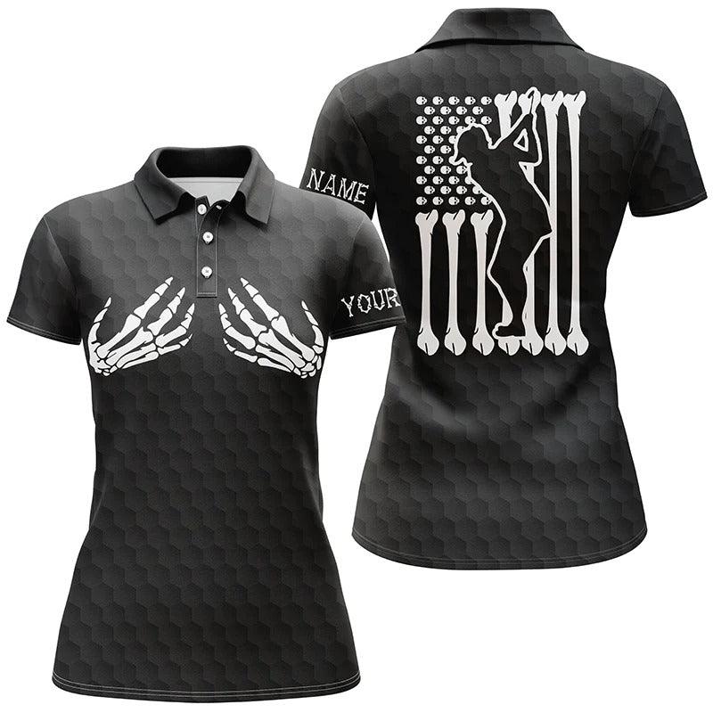 Customized Name Golf Women Polo Shirts, Funny Halloween Personalized Name Skeleton American Flag Shirt - Perfect Gift For Ladies, Golfers, Golf Lovers - Amzanimalsgift
