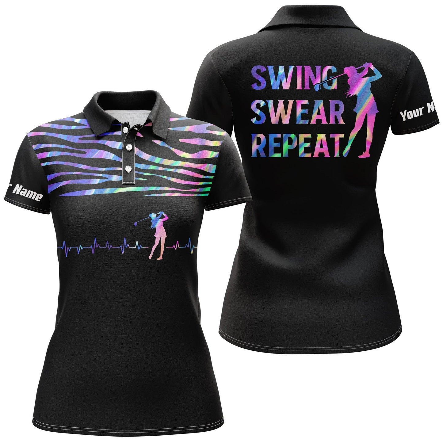 Customized Name Golf Women Polo Shirts, Golf Heart Beat Hologram Personalized Golf Swing Swear Repeat Shirts - Perfect Gift For Golfers, Golf Lovers - Amzanimalsgift