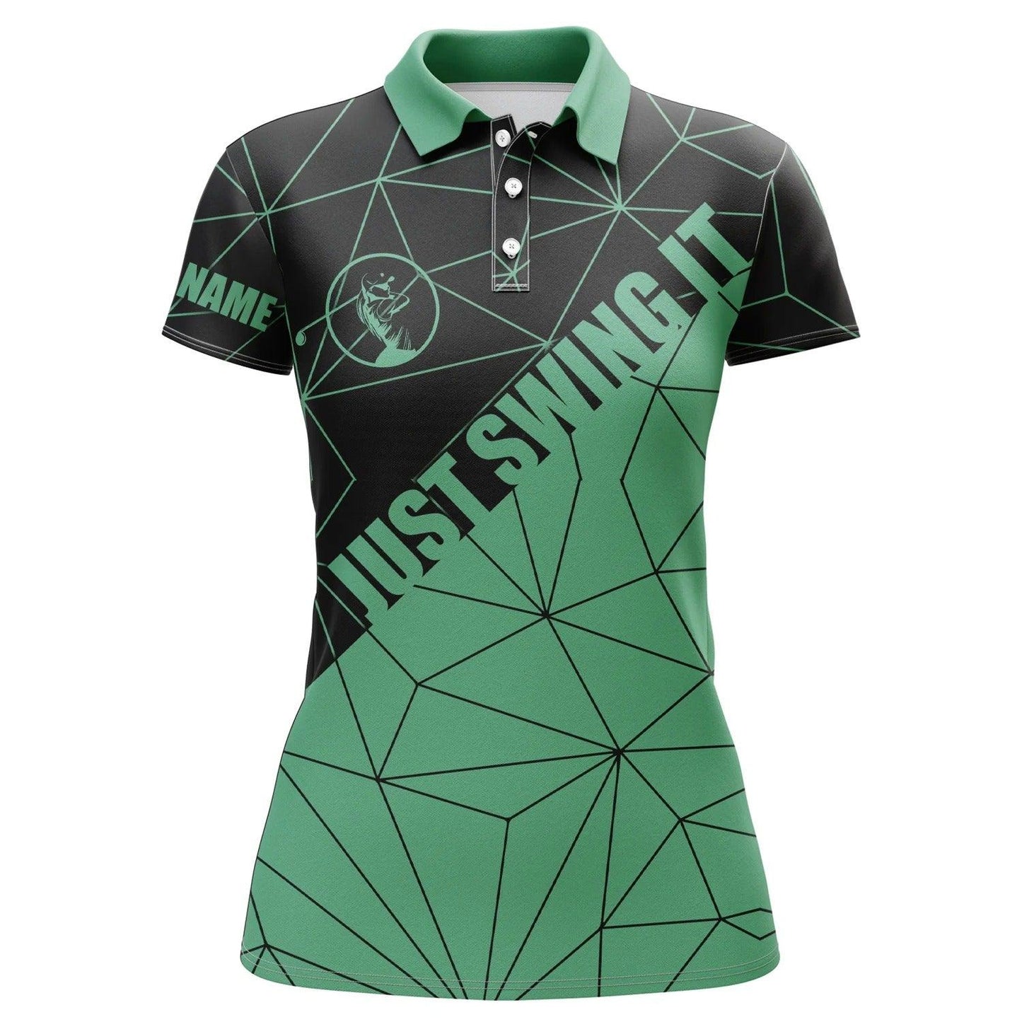 Customized Name Golf Women Polo Shirts, Green Geometric Pattern Personalized Just Swing It Shirts - Perfect Gift For Ladies, Golf Lovers, Golfers - Amzanimalsgift