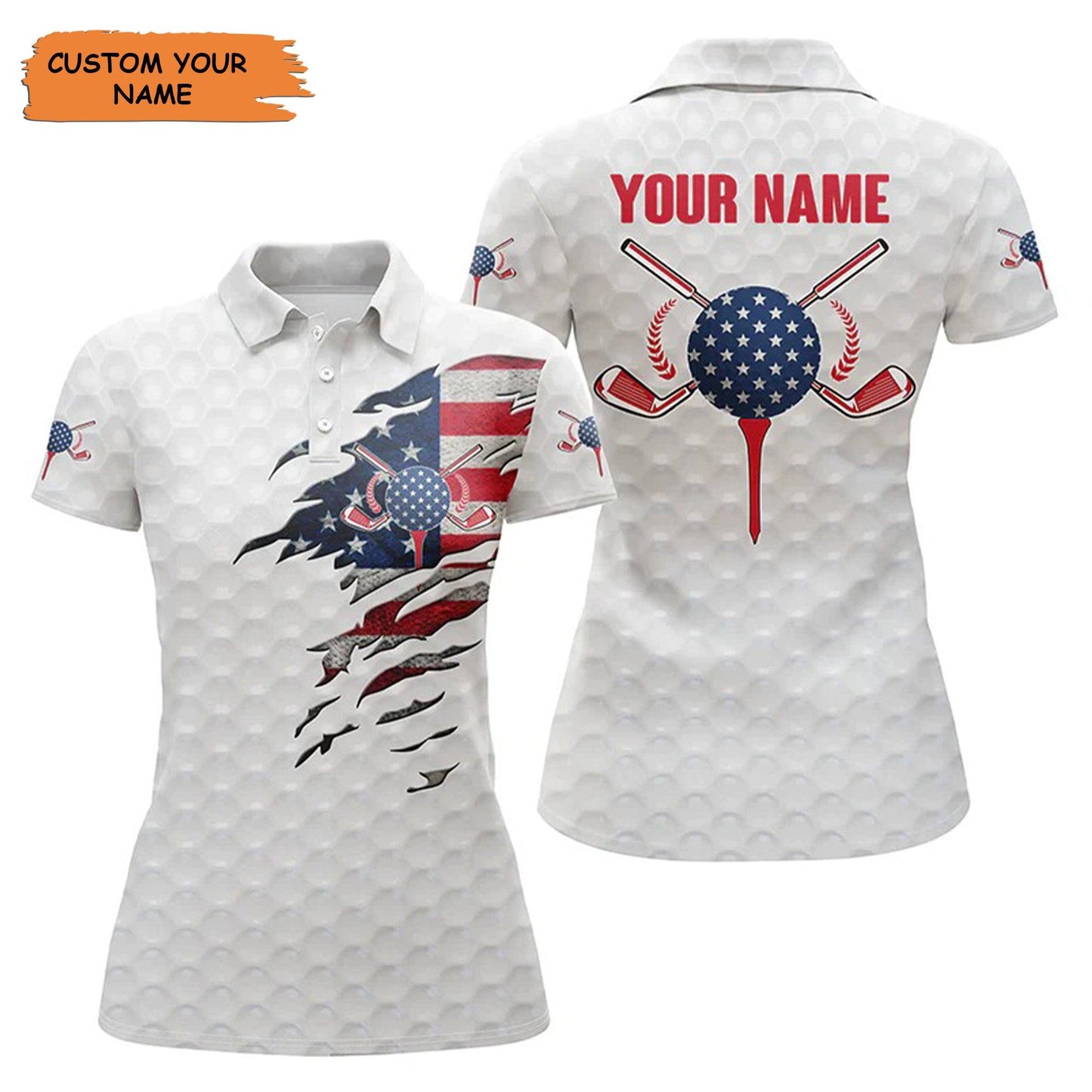 Customized Name Golf Women Polo Shirts, Personalized American Flag White Golf Ball Skin Women Polo Shirts - Perfect Gift For Golfers, Golf Lovers - Amzanimalsgift