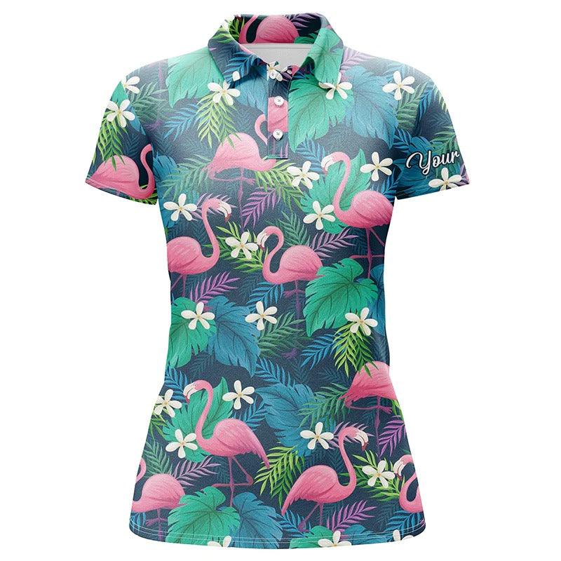 Customized Name Golf Women Polo Shirts, Personalized Colorful Flamingo Green Tropical Leaf Pattern Polo Shirts - Perfect Gift For Golfers, Golf Lovers - Amzanimalsgift
