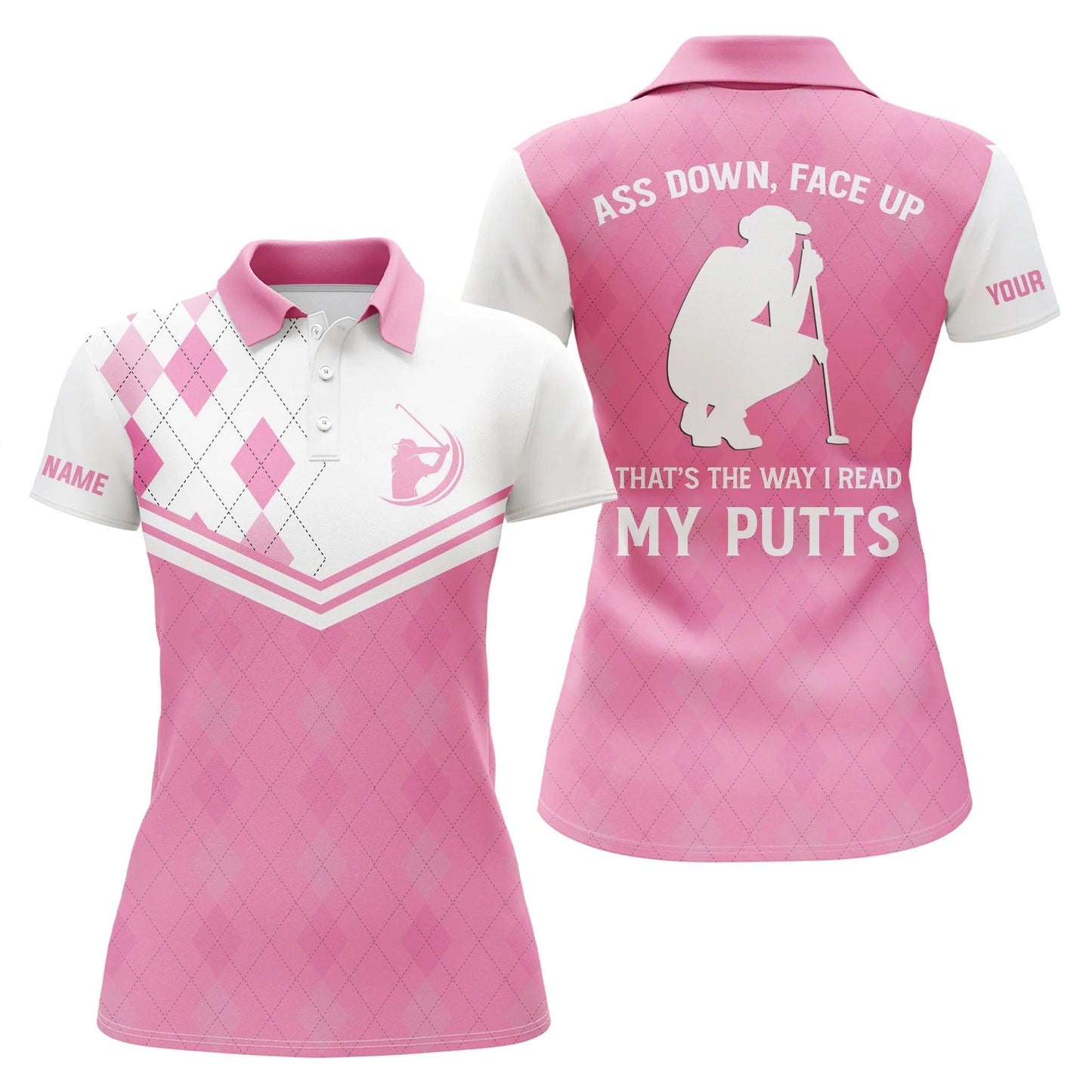 Customized Name Golf Women Polo Shirts, Personalized Pink Argyle Ass Down, Face Up That's The Way - Perfect Gift For Ladies, Golfers, Golf Lovers - Amzanimalsgift
