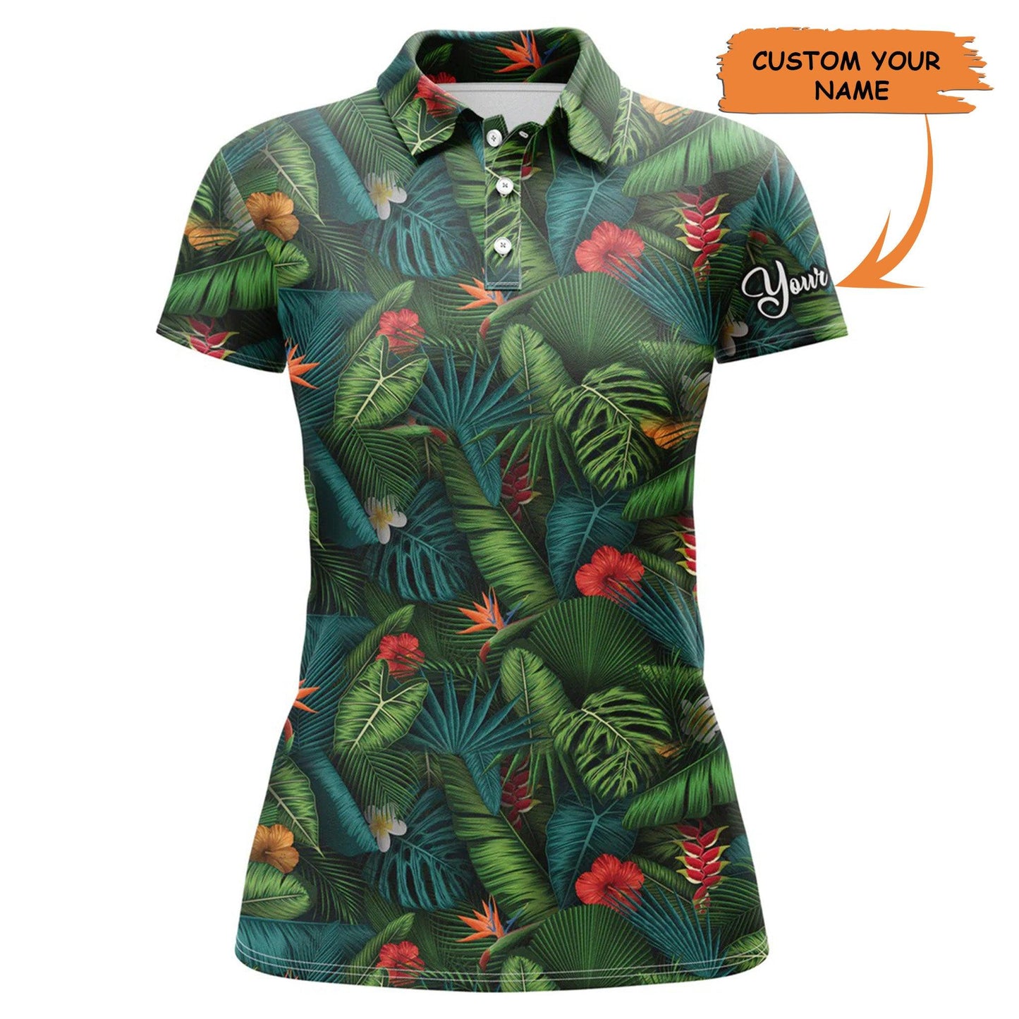 Customized Name Golf Women Polo Shirts, Personalized Tropical Summer Leaves Background Golf Polo Shirts - Perfect Gift For Golfers, Golf Lovers - Amzanimalsgift