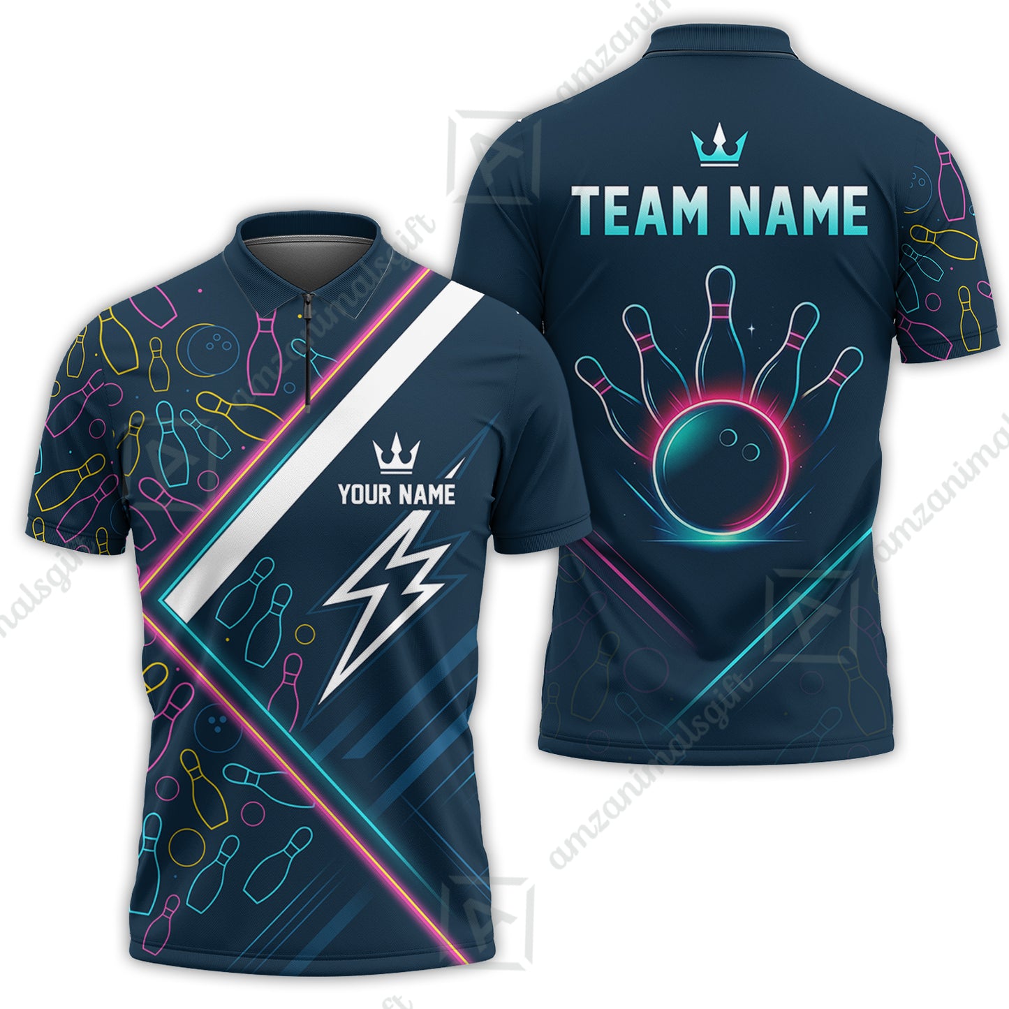 Customized Neon Glow Bowling Quarter-Zip Polo Shirt, Lightning Bolt And Crown Zip Polo Shirt For Bowling Team, Bowlers