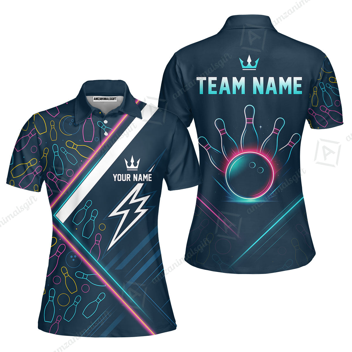 Customized Neon Glow Bowling Women Polo Shirt, Lightning Bolt And Crown Women Polo Shirt For Bowling Team, Bowlers