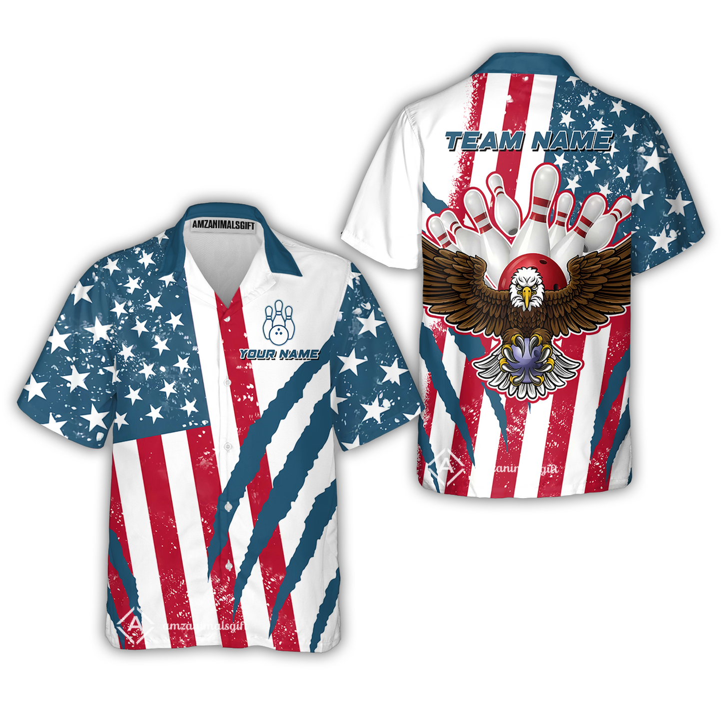 Customized Patriotic Bowling Button Up Shirt, American Flag & Eagle Claw-mark Hawaiian Shirt, Perfect For Bowling Team