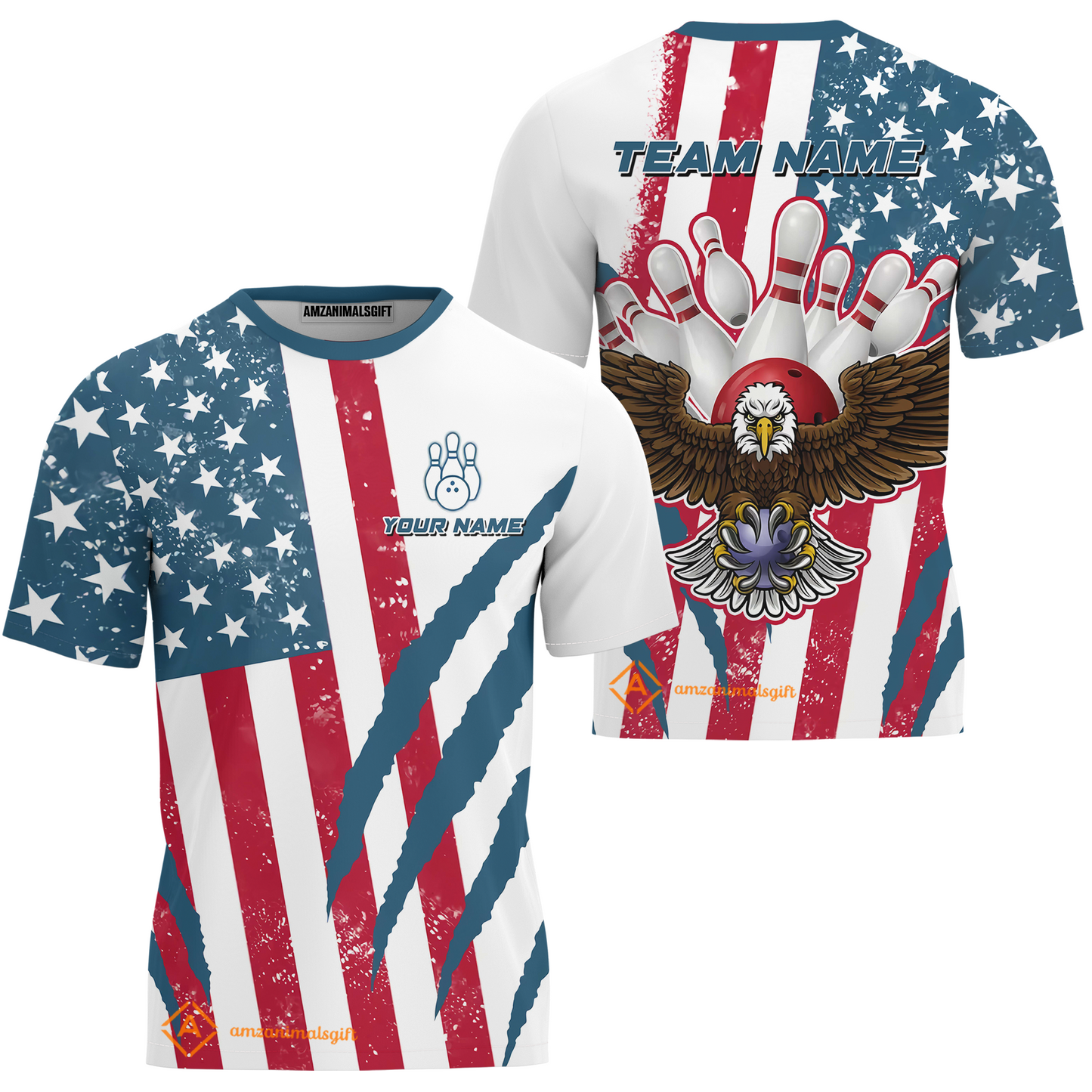 Customized Patriotic Bowling Team T-Shirt, American Flag & Eagle Claw-mark T-Shirt, Perfect For Bowling Team, Bowlers