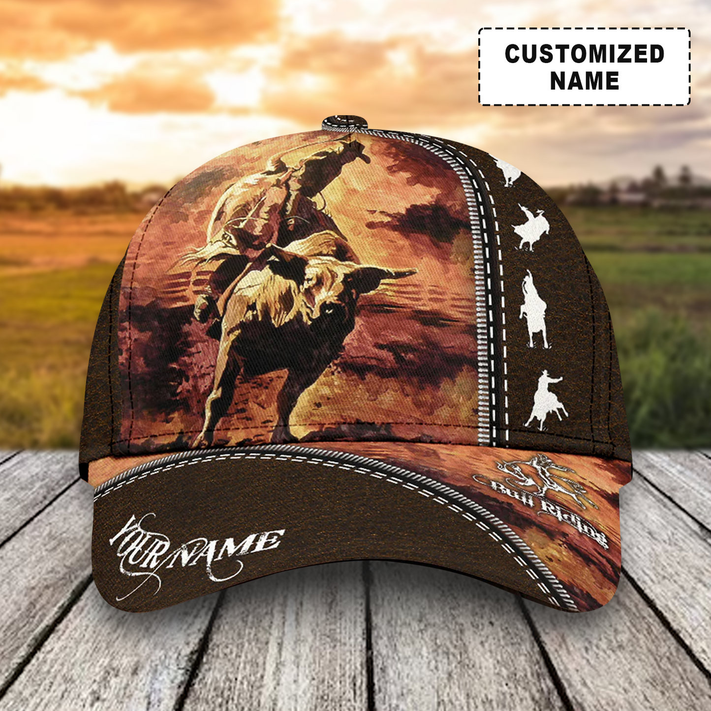 Customized Rodeo Baseball Caps Hat, Bull Riding Brown Pattern Baseball Caps, Best Hat Gift For Rodeo, Bull Riding