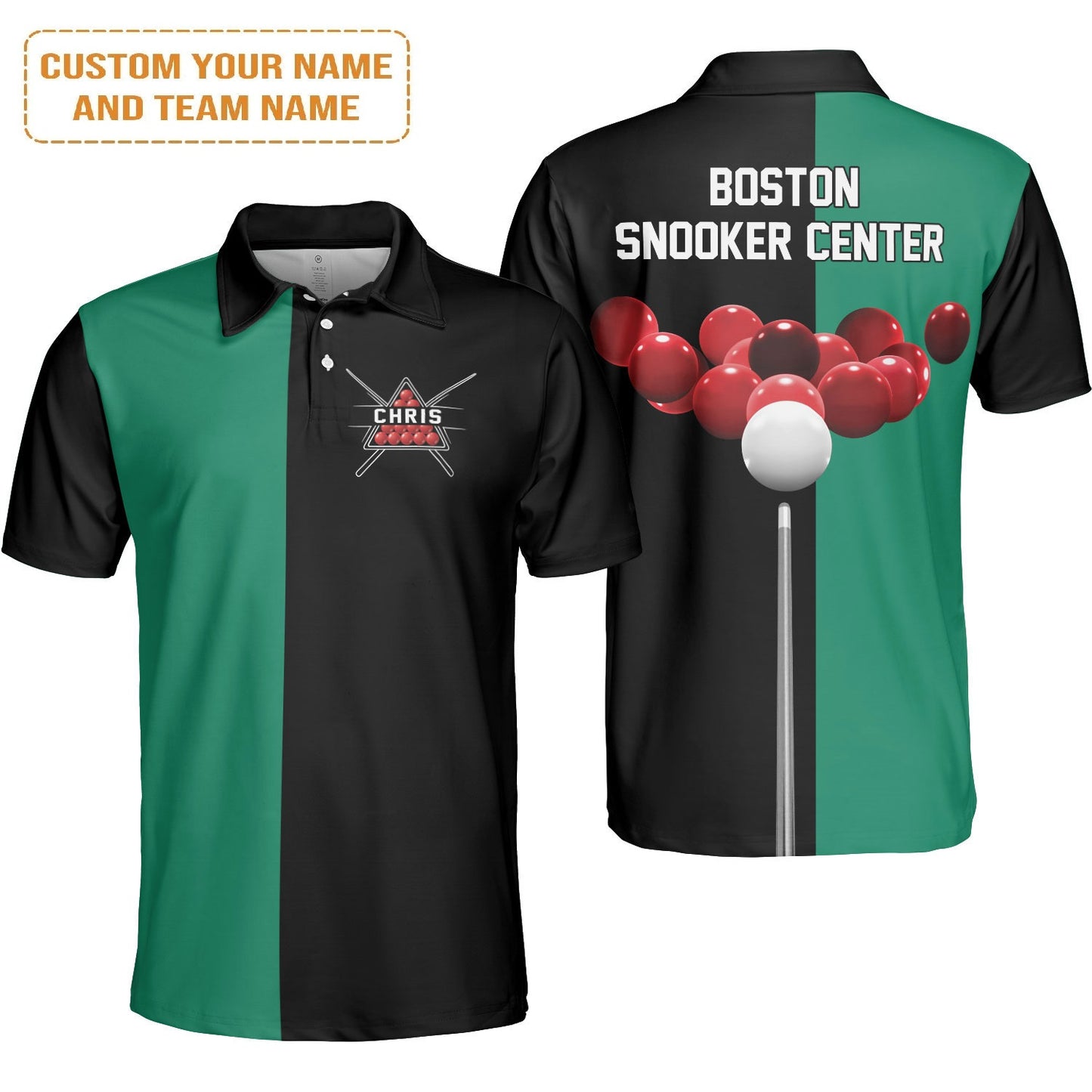 Customized Snooker Polo Shirt, Black Green Shirt With Cue Stick Strike Snooker Ball For Snooker Player, Snooker Team, Cue Sport