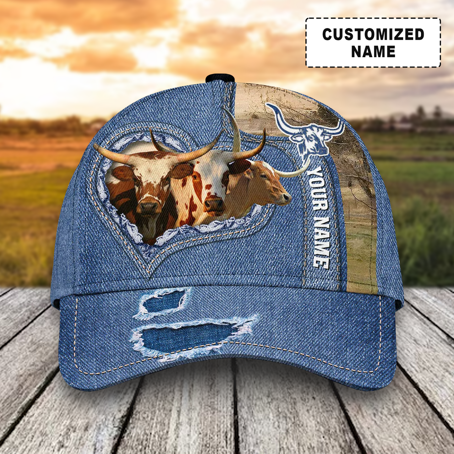 Customized Texas Longhorn Cattle Cow Caps, Texas Longhorn And Denim Pattern Hats, Best Farm Hat For Men Women Farmer