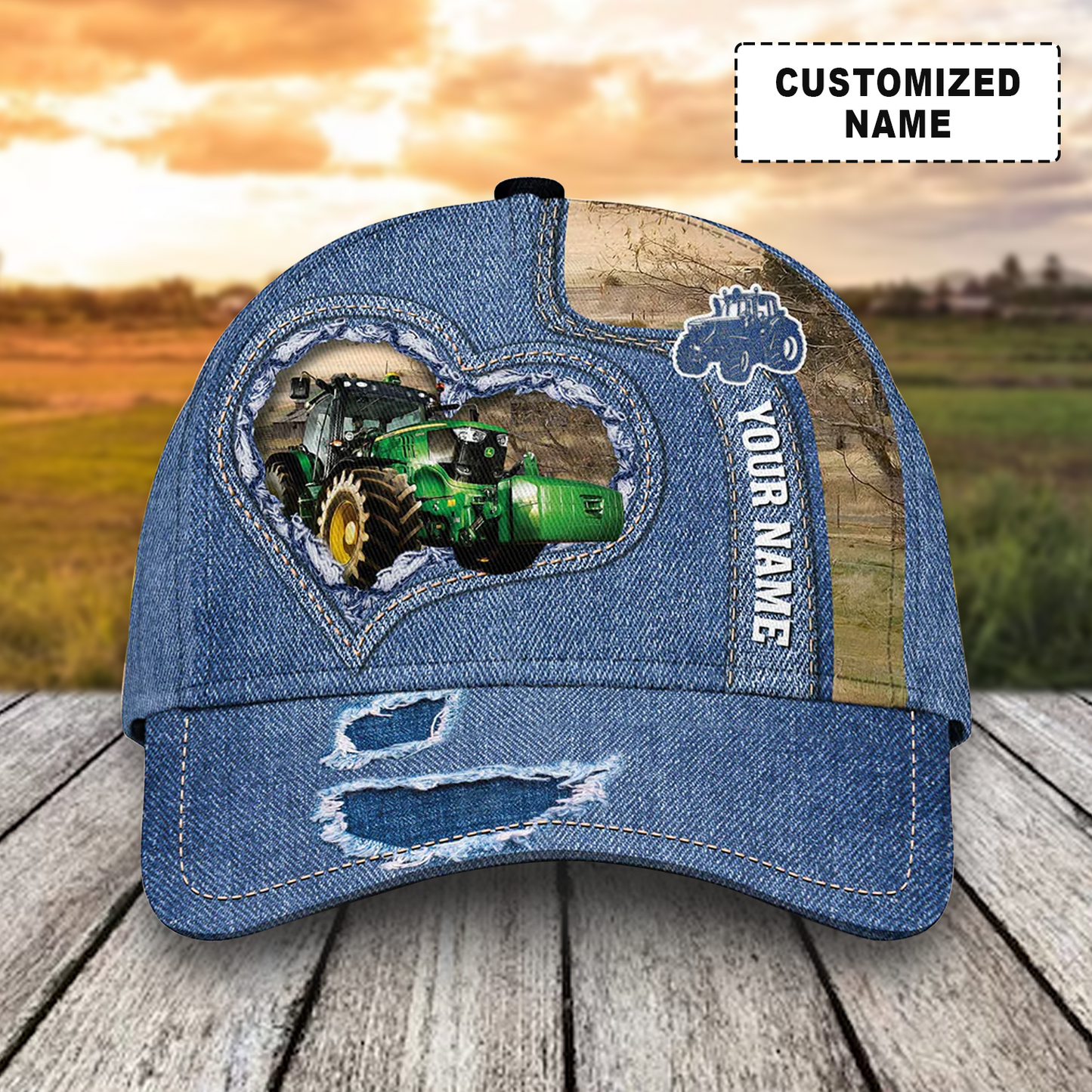 Customized Tractor Caps, Green Tractor And Denim Pattern Hats, Best Farm Hat For Men Women Farmer