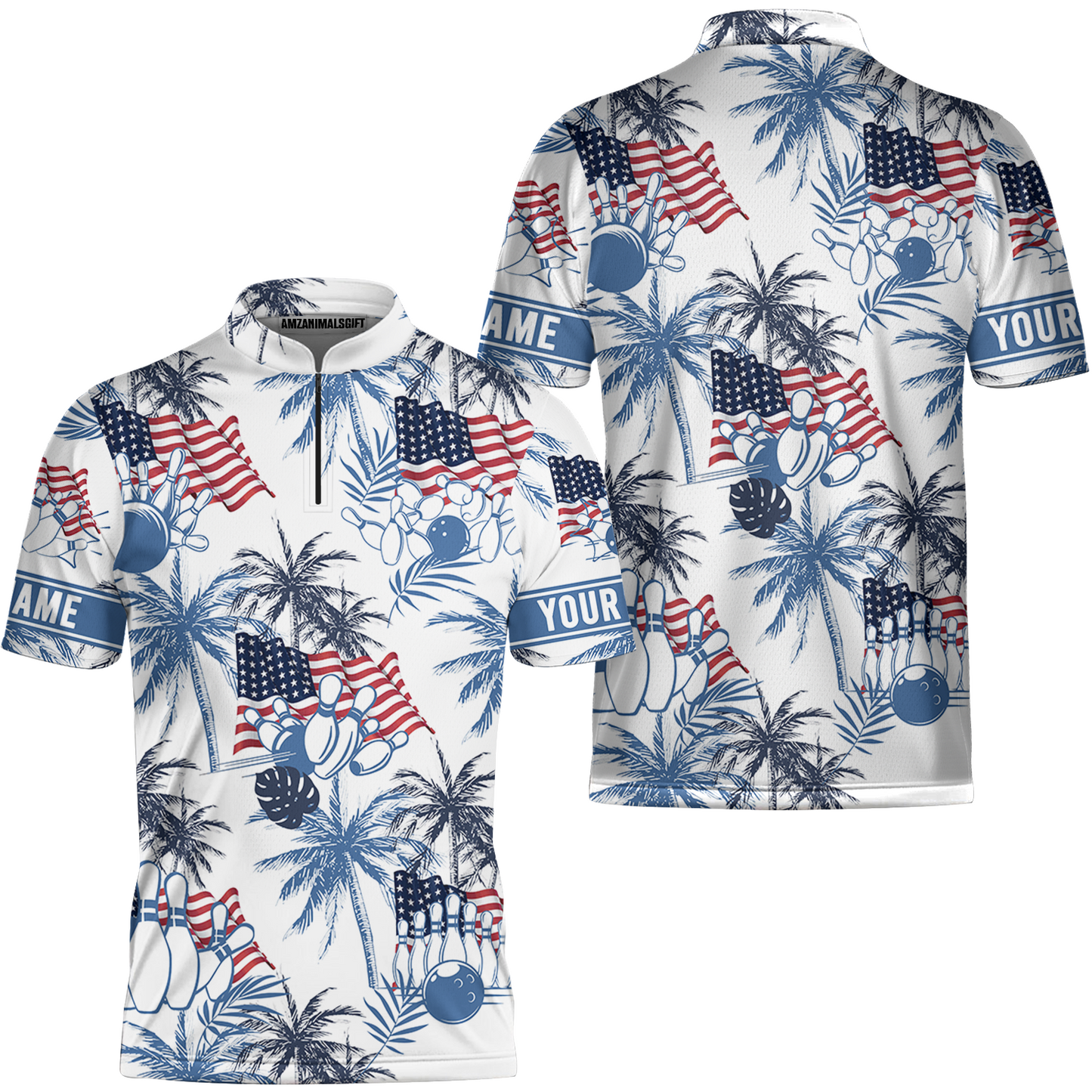 Customized Tropical American-style Bowling Jersey With Palm Trees, Flags – Perfect For Summer Bowling Vibes!