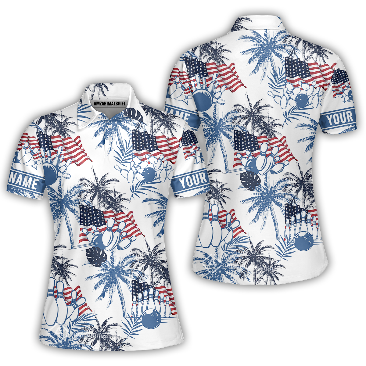 Customized Tropical American-style Bowling Women Polo Shirt With Palm Trees, Flags โ Perfect For Summer Bowling Vibes