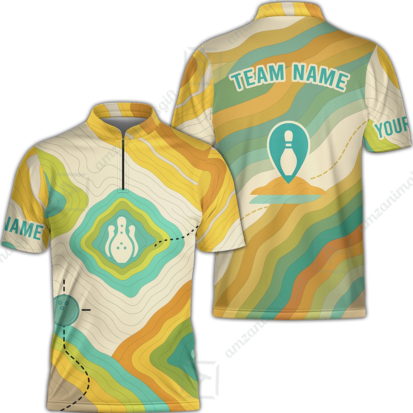 Customized Vintage Bowling Jersey, Topographic Map Trail Style Quarter-Zip Stand Collar Shirt For Bowling Team, Bowlers