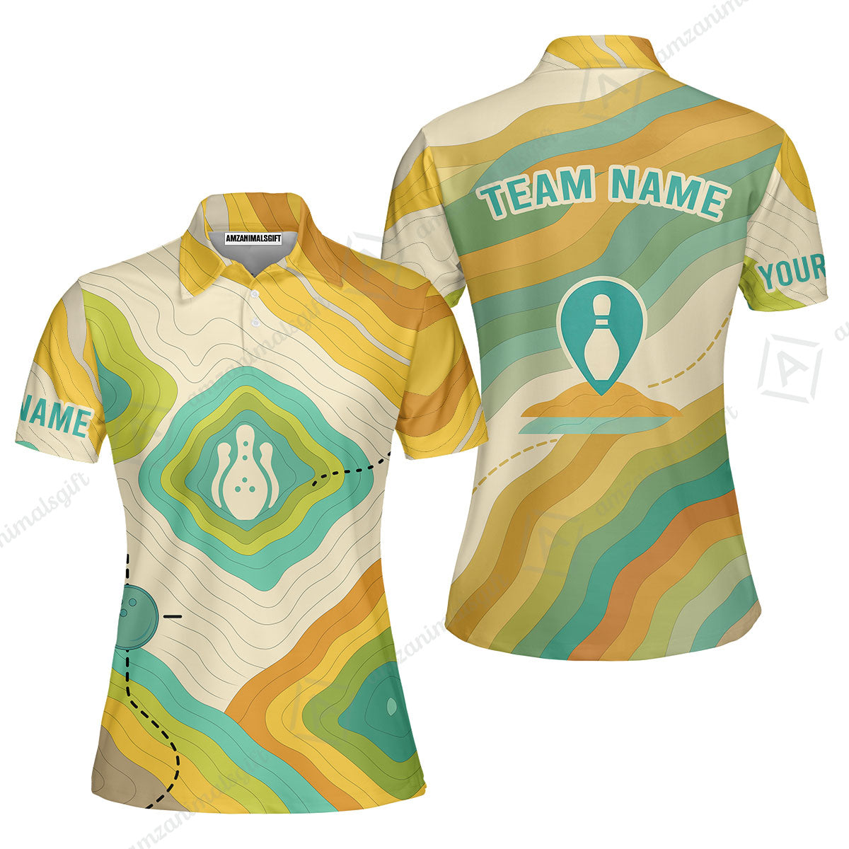 Customized Vintage Bowling Women Polo Shirt, Topographic Map Trail Style Women Polo Shirt For Bowling Team, Bowlers