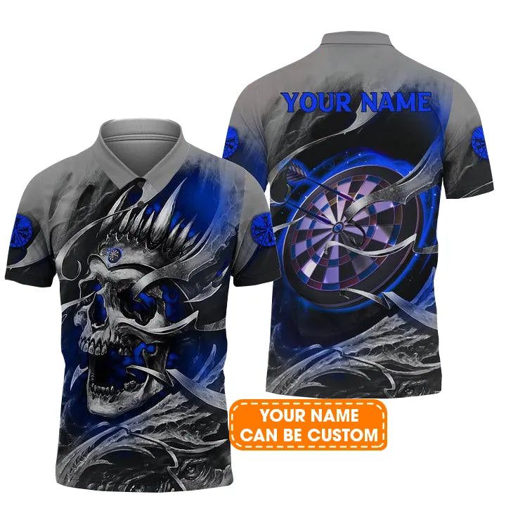Customized Name Darts Men Polo Shirt, Blue Skull Dartboard Personalized Skull And Darts Polo Shirt - Gift For Darts Players Uniforms, Darts Lovers