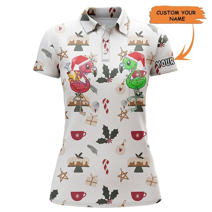 Customized Name Golf Women Polo Shirts, Christmas Background Personalized Flamingo Golf Friends Shirts - Perfect Gift For Ladies, Golf Lovers, Golfers