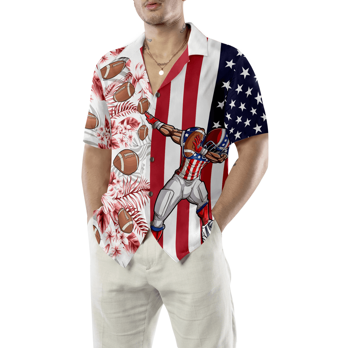 Dabbing Football American Flag Tropical Aloha Hawaiian Shirt For Summer, Colorful Hawaiian Shirt Outfit For Men Women, Gift For Friend, Team, Family - Amzanimalsgift