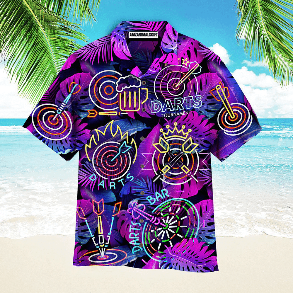 Darts Aloha Hawaiian Shirts For Summer, Dartboard Neon Tropical Palm Leaves Pattern Purple Hawaiian Shirt For Men Women, Gift For Friend, Darts Lovers - Amzanimalsgift