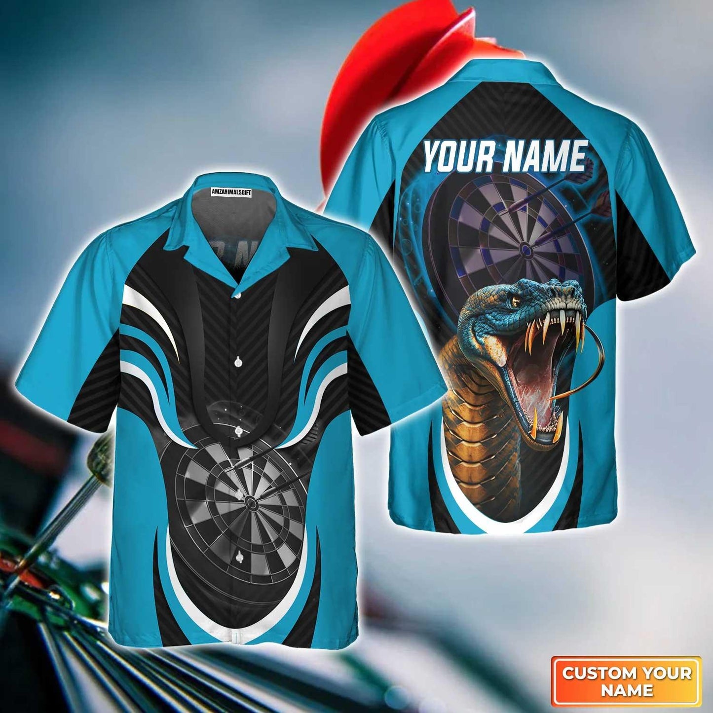 Darts Custom Name Aloha Hawaiian Shirts For Summer, Blue Bullseye Dartboard Personalized Name King Cobra And Darts Hawaiian Shirt For Men Women, Team - Amzanimalsgift