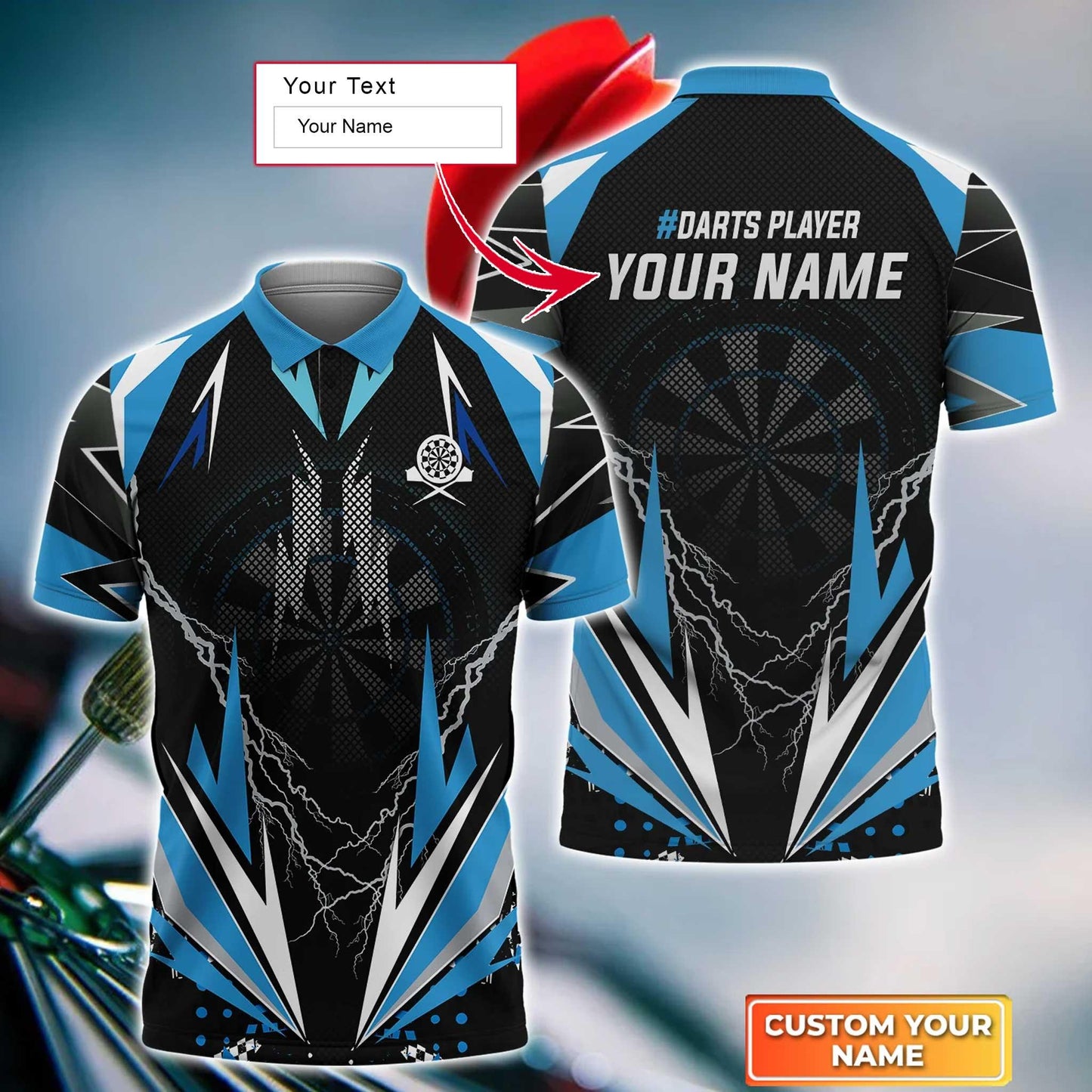 Darts Custom Name Men Polo Shirt, Blue Thunder And Lightning Dartboard Personalized Men Polo Shirt Gift For Darts Lovers, Friend, Team Player - Amzanimalsgift