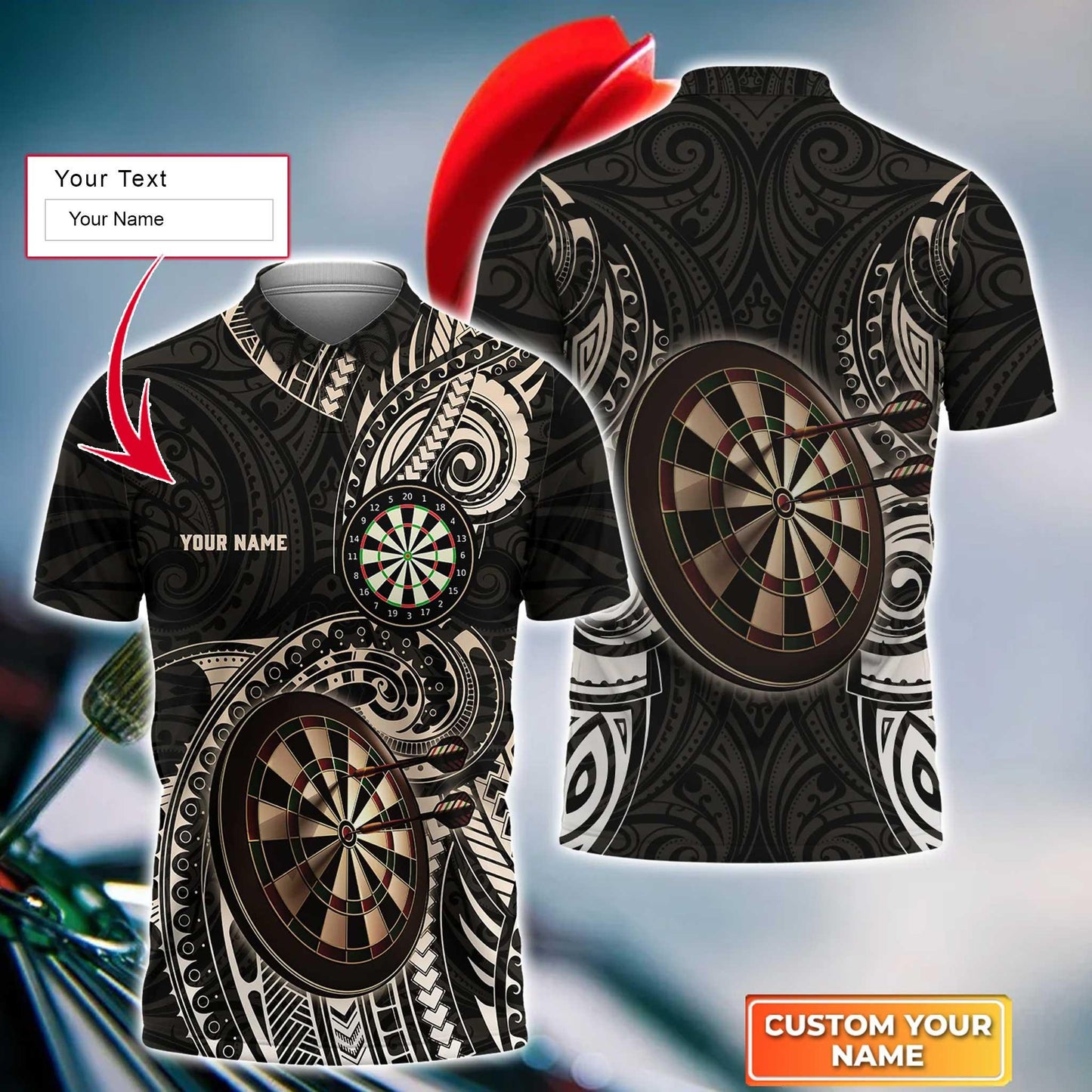 Darts Custom Name Men Polo Shirt, Brown Tattoo Darts Dartboard Personalized Men Polo Shirt Gift For Darts Lovers, Friend, Darts Team Player - Amzanimalsgift