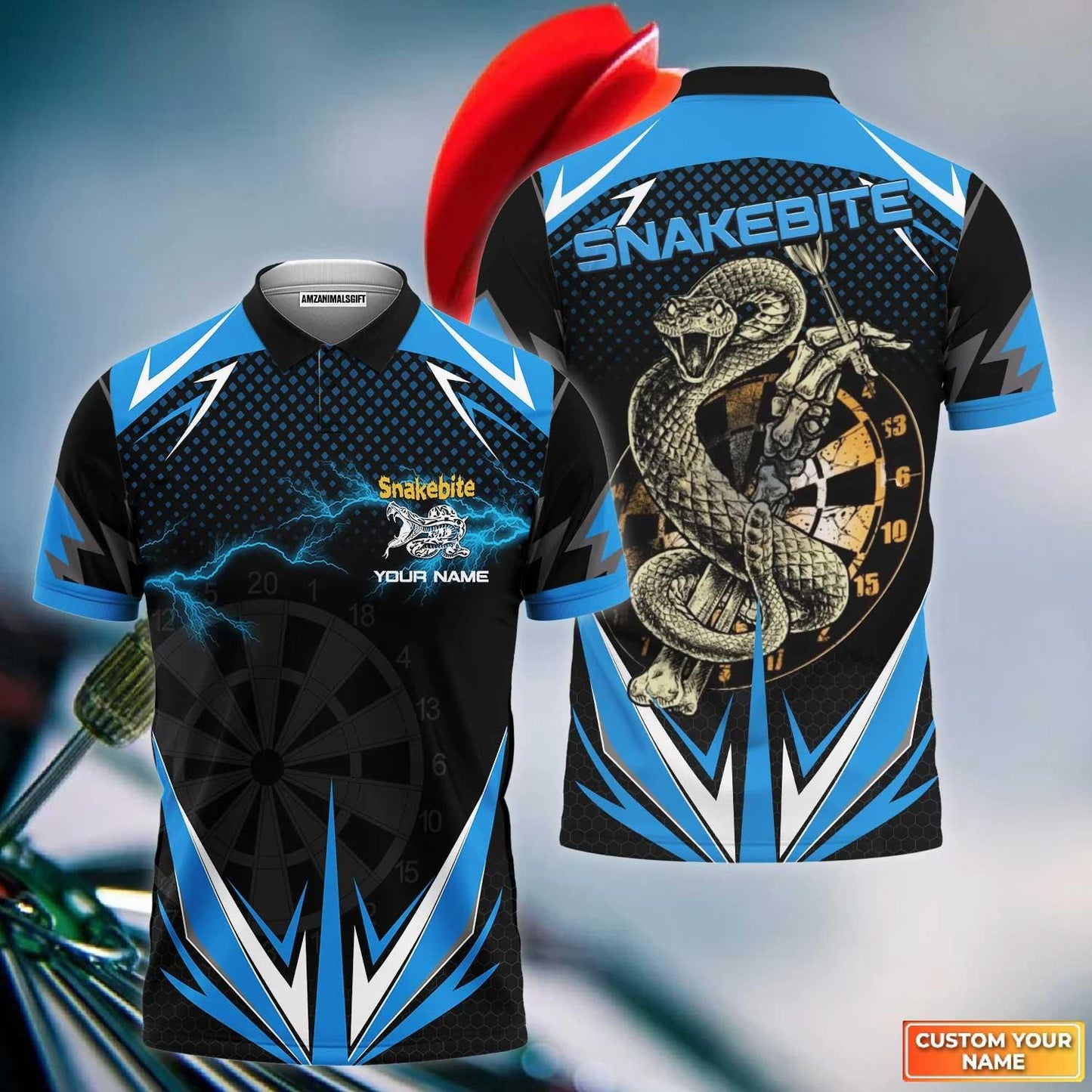 Darts Custom Name Men Polo Shirt, Bullseye Dartboard Snake Personalized Name Snakebite And Darts Polo Shirts For Men, Apparel For Darts Lover, Team - Amzanimalsgift